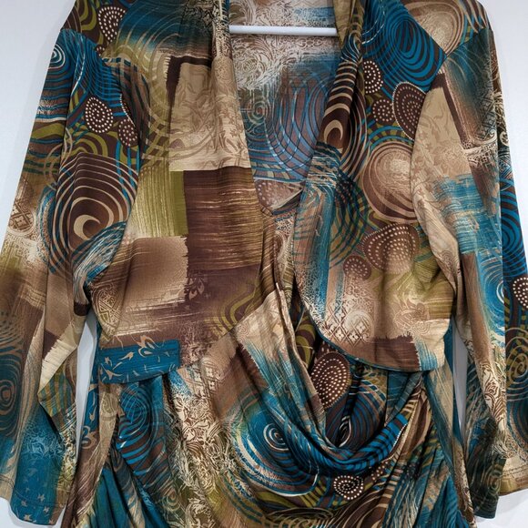 Laura Plus Petites 3/4 Sleeve Wrap Blouse Tan Teal Size 1X - Picture 2 of 5